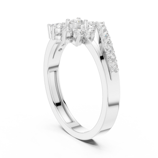 Round lab grown diamond chevron halo ring in white gold