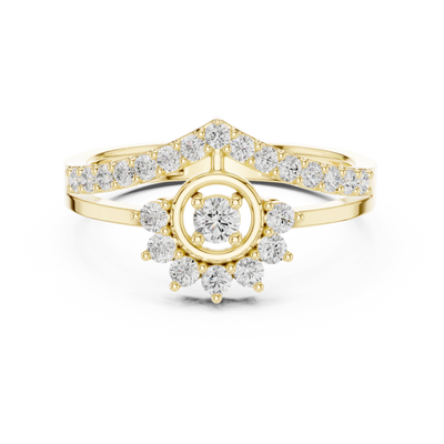 Round lab grown diamond chevron halo ring in yellow gold