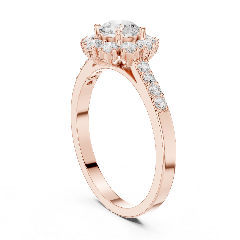 Ladies halo diamond ring in rose gold with round lab grown diamonds by Signora Jewels