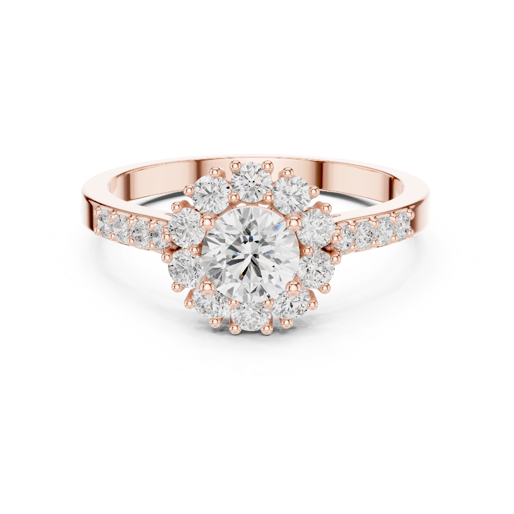 Ladies halo diamond ring in rose gold with round lab grown diamonds by Signora Jewels