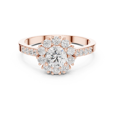 Ladies halo diamond ring in rose gold with round lab grown diamonds by Signora Jewels