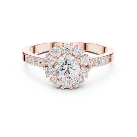 Ladies halo diamond ring in rose gold with round lab grown diamonds by Signora Jewels