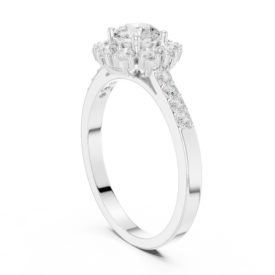 Round lab grown diamond halo ring in white gold