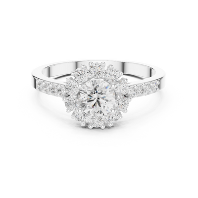 Ladies halo diamond ring in rose gold with round lab grown diamonds by Signora Jewels