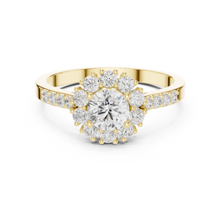 Round lab grown diamond halo ring in yellow gold