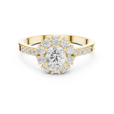 Round lab grown diamond halo ring in yellow gold