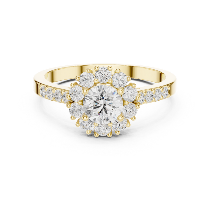 Ladies halo diamond ring in rose gold with round lab grown diamonds by Signora Jewels