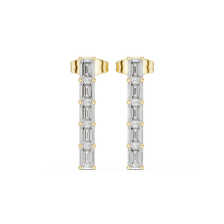 Front view of Modern Emerald Bar lab diamond stud earrings in yellow gold.