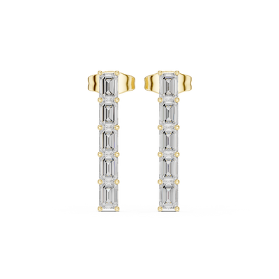 Front view of Modern Emerald Bar lab diamond stud earrings in yellow gold.