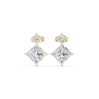 Front view of Royal Princess drop diamond stud earrings in yellow gold.