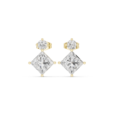Front view of Royal Princess drop diamond stud earrings in yellow gold.