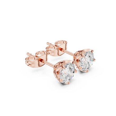 Side profile of rose gold floral-inspired basket solitaire diamond studs.