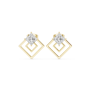 Front view of Infinity Frame princess diamond stud earrings in yellow gold.