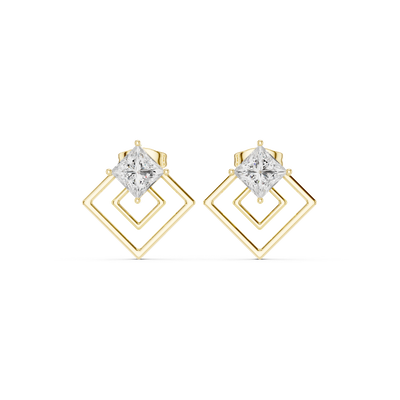 Front view of Infinity Frame princess diamond stud earrings in yellow gold.