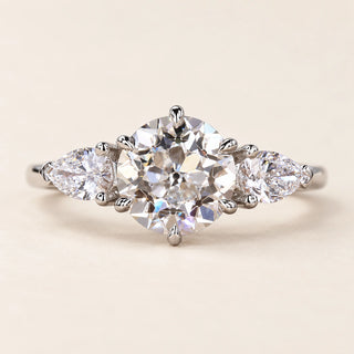 Round Old European Cut Lab Grown Diamond Three-Stone Ring with Pear Side Diamonds in White Gold