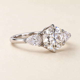 Round Old European Cut Lab Grown Diamond Three-Stone Ring with Pear Side Diamonds in White Gold