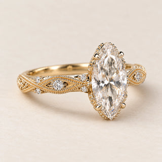 Marquise Lab Grown Diamond Vintage Milgrain Engagement Ring in Yellow Gold
