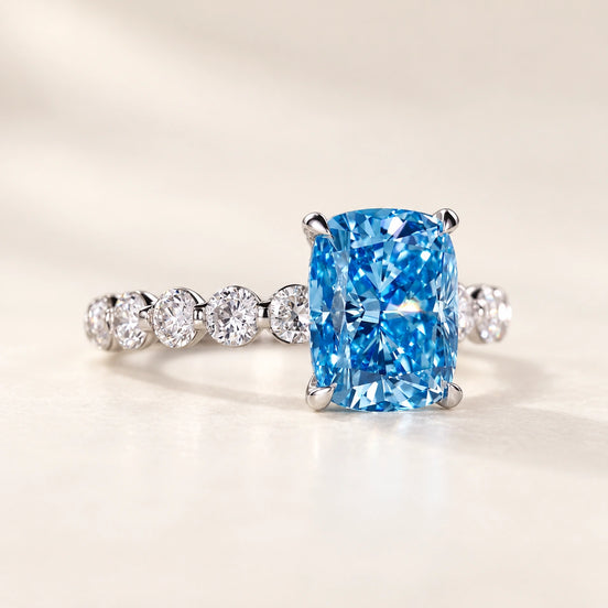 Blue Cushion Lab Grown Diamond Side Stone Engagement Ring in White Gold