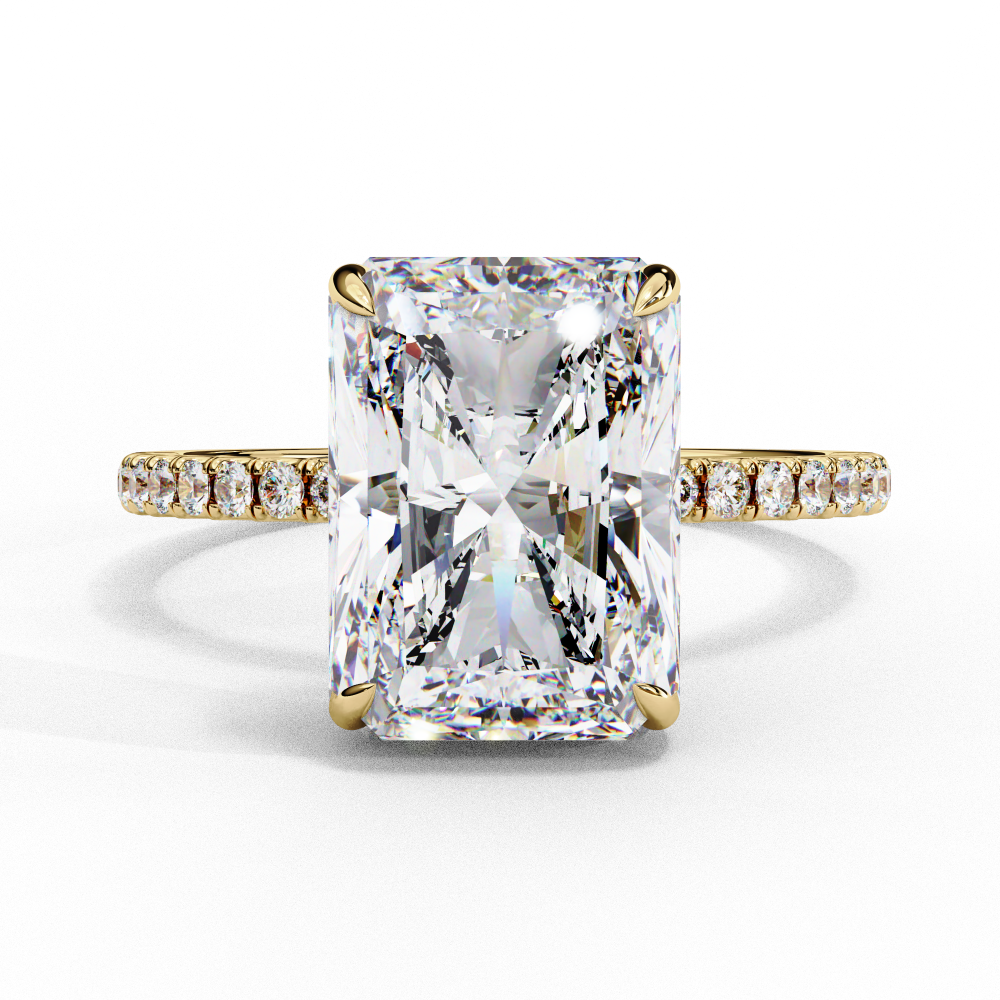 Radiant cut lab grown diamond engagement ring with hidden halo, cathedral setting and pavé diamond band