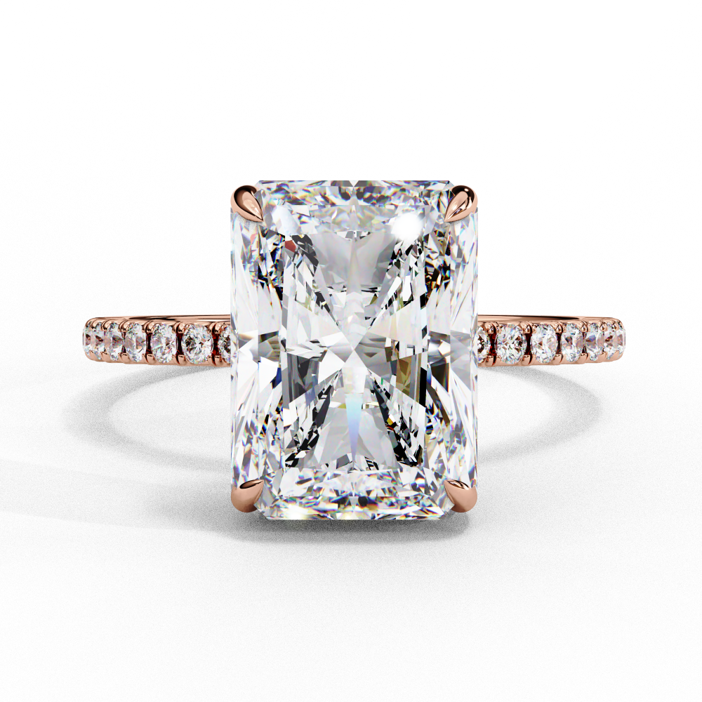 Radiant cut lab grown diamond engagement ring with hidden halo, cathedral setting and pavé diamond band