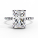Radiant cut lab grown diamond engagement ring with hidden halo, cathedral setting and pavé diamond band