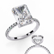 Radiant cut lab grown diamond engagement ring with hidden halo, cathedral setting and pavé diamond band