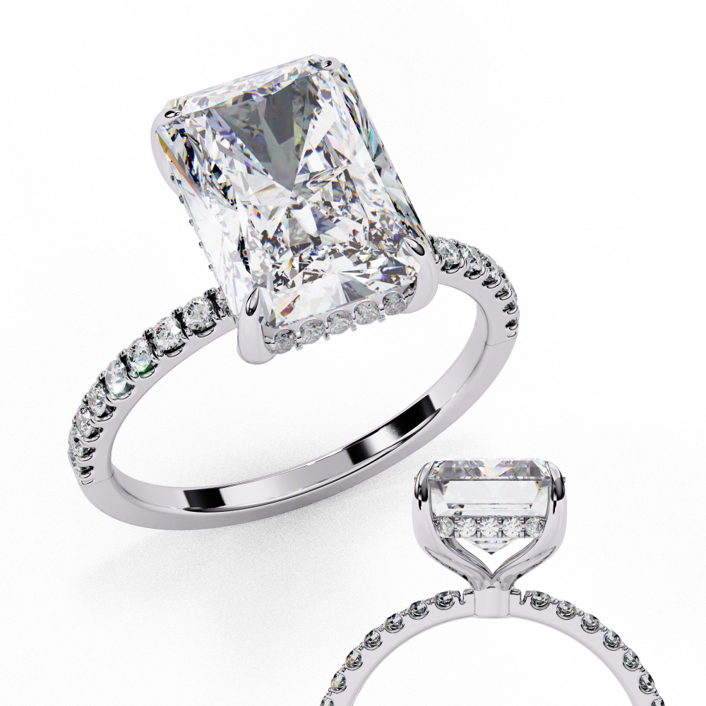 Radiant cut lab grown diamond engagement ring with hidden halo, cathedral setting and pavé diamond band