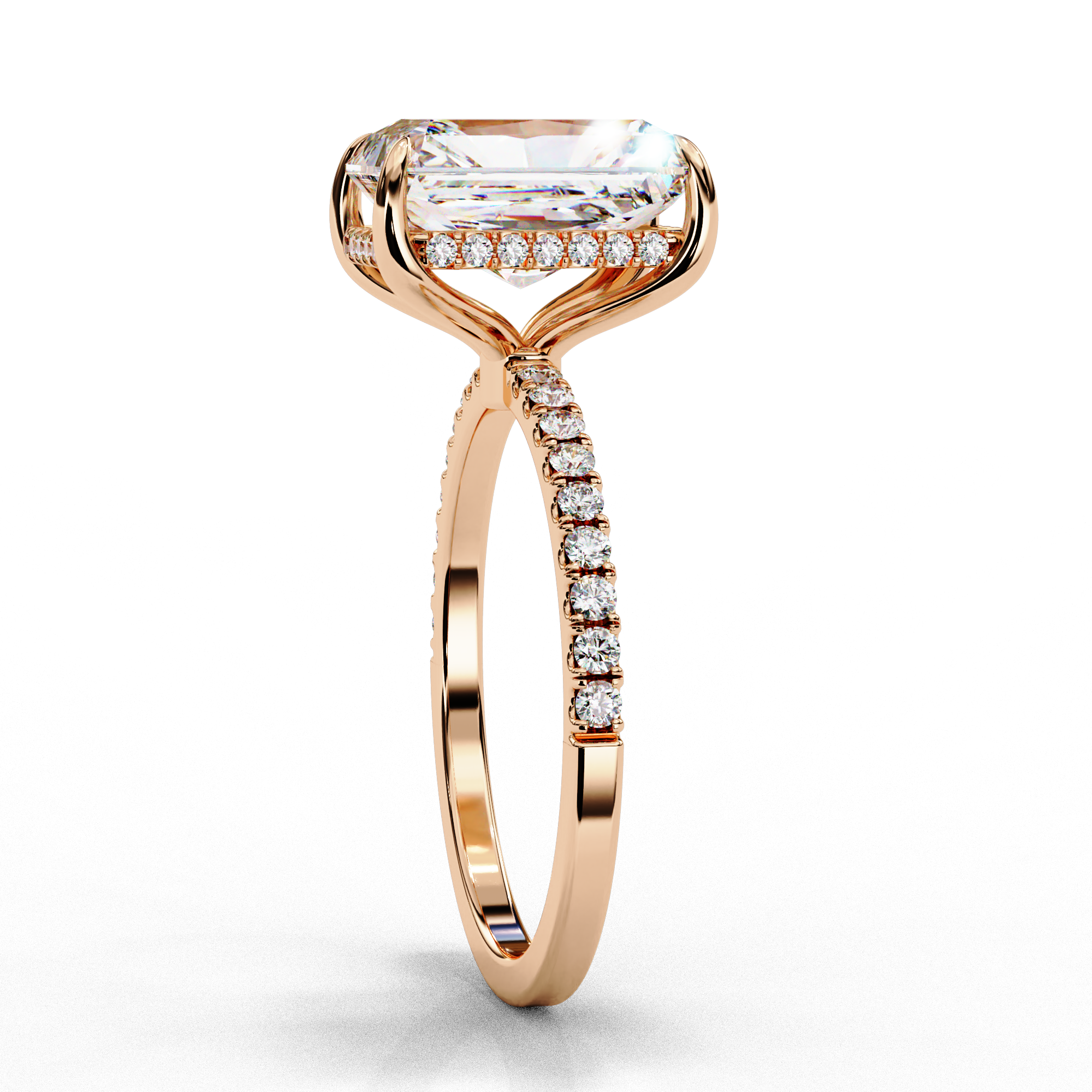 Radiant cut lab grown diamond engagement ring with hidden halo, cathedral setting and pavé diamond band