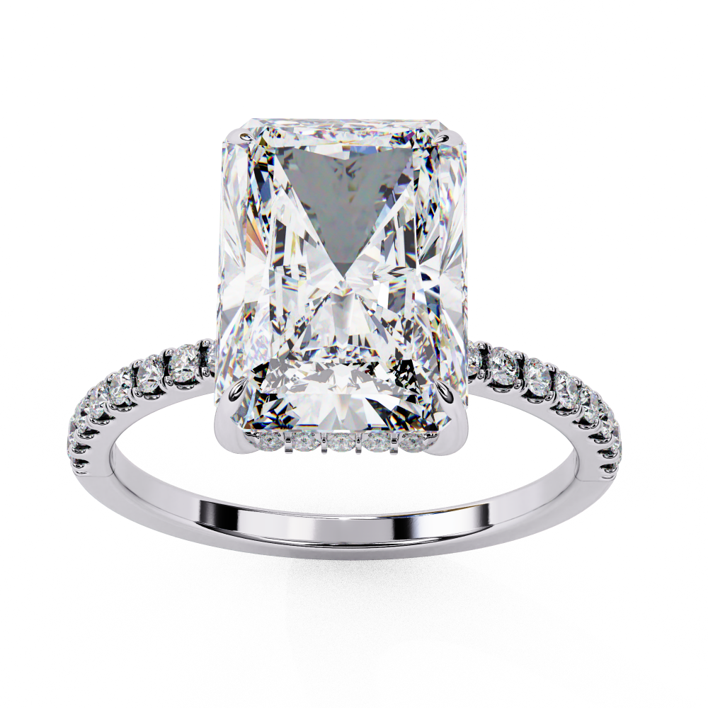 Radiant cut lab grown diamond engagement ring with hidden halo, cathedral setting and pavé diamond band