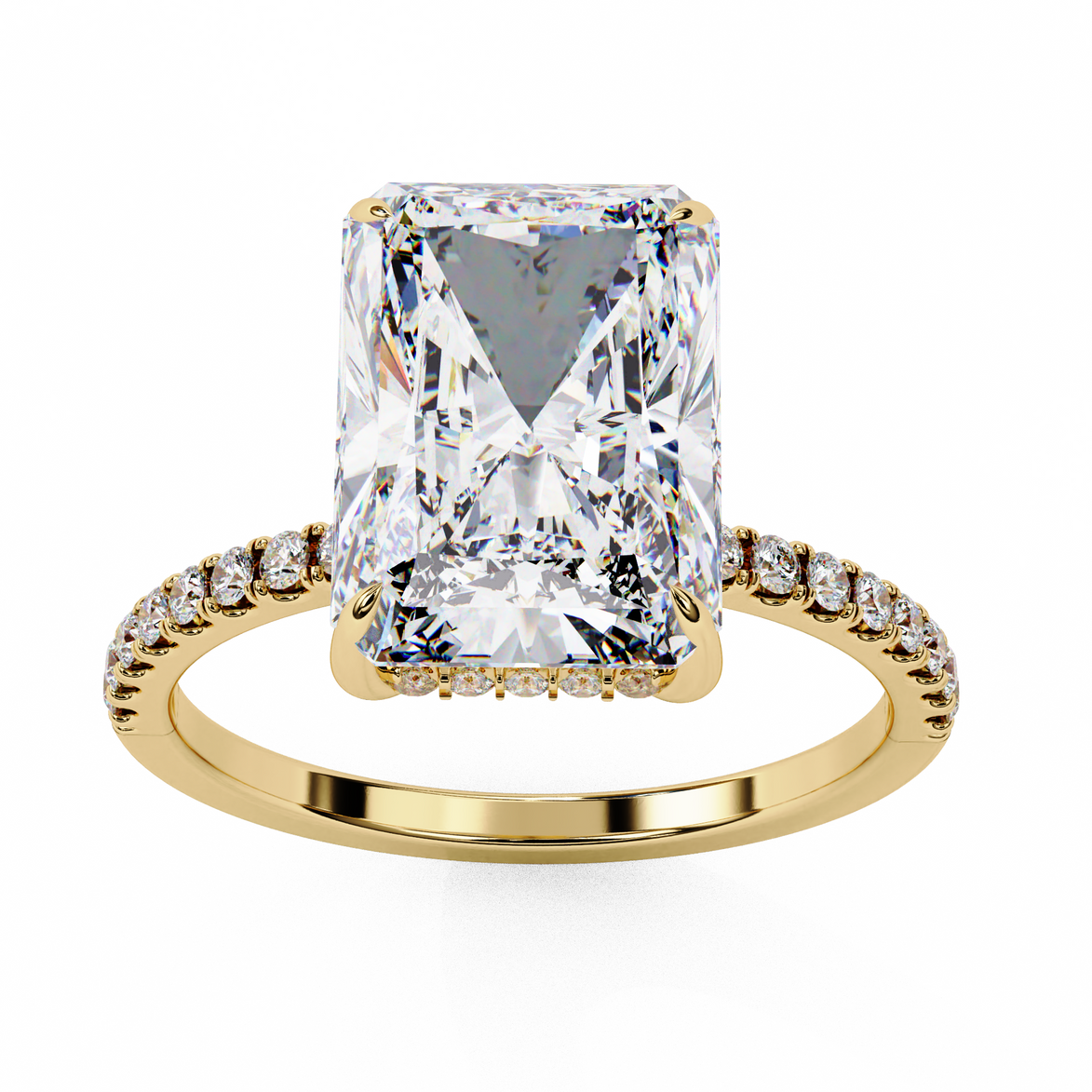 Radiant cut lab grown diamond engagement ring with hidden halo, cathedral setting and pavé diamond band