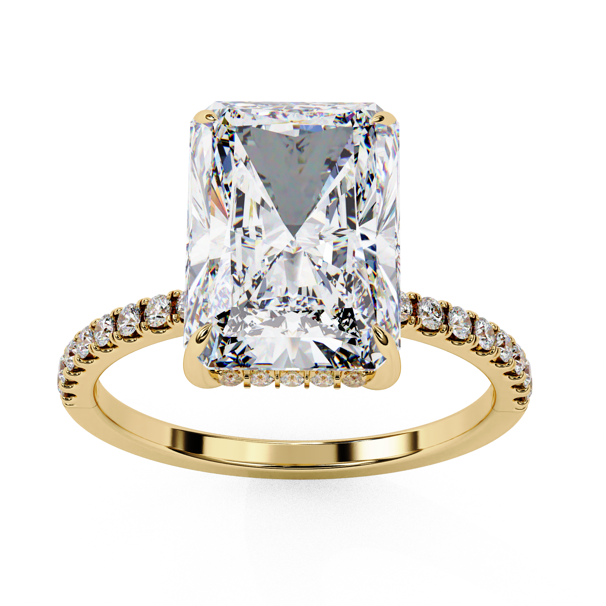 Radiant cut lab grown diamond engagement ring with hidden halo, cathedral setting and pavé diamond band