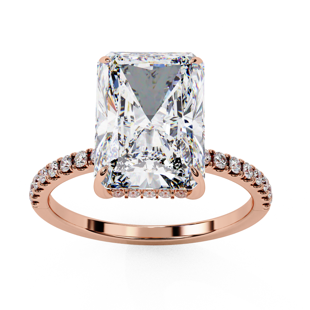 Radiant cut lab grown diamond engagement ring with hidden halo, cathedral setting and pavé diamond band