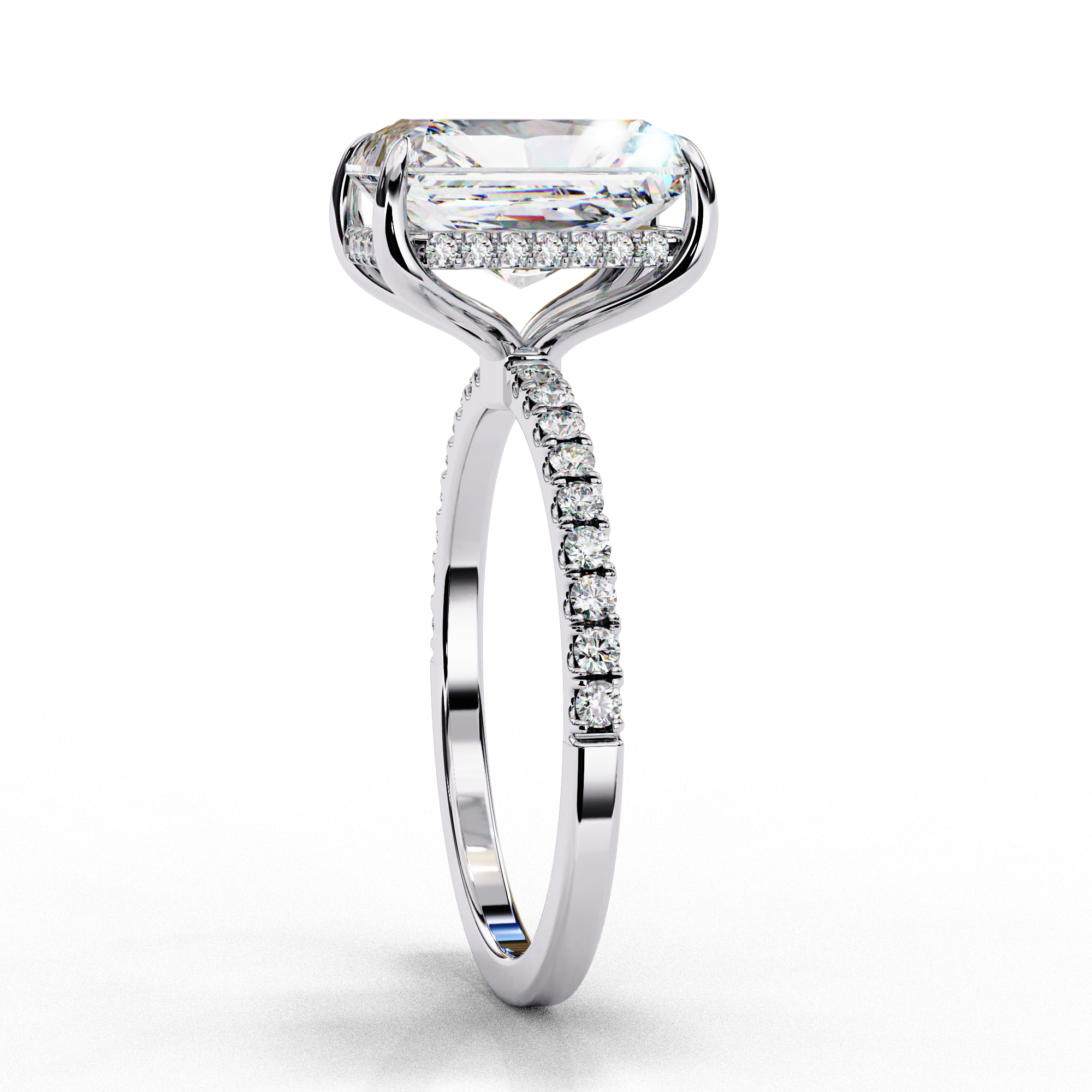 Radiant cut lab grown diamond engagement ring with hidden halo, cathedral setting and pavé diamond band