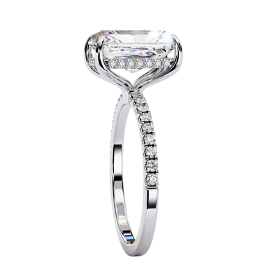 Elegant 14K white gold radiant cut diamond ring shown from side angle.