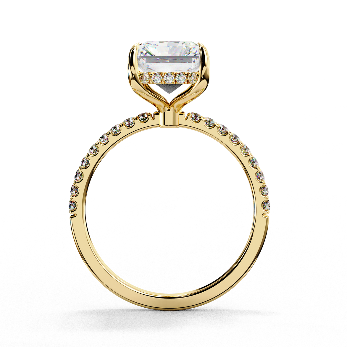 Radiant cut lab grown diamond engagement ring with hidden halo, cathedral setting and pavé diamond band