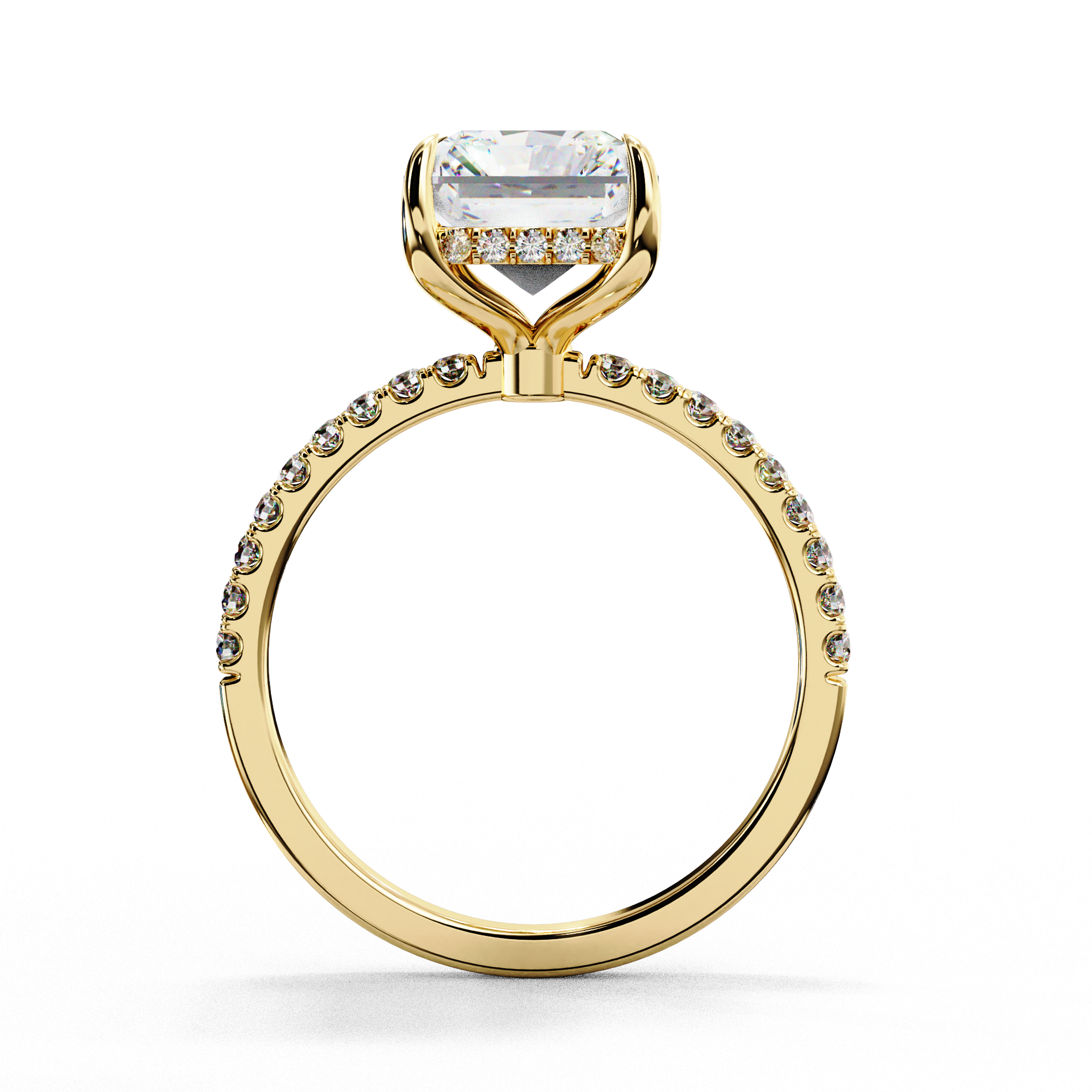 Radiant cut lab grown diamond engagement ring with hidden halo, cathedral setting and pavé diamond band
