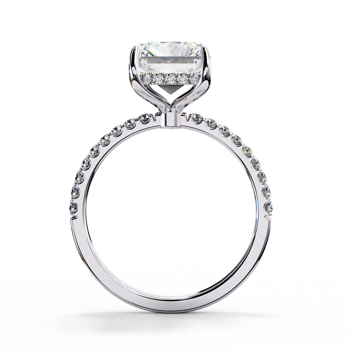 Radiant cut lab grown diamond engagement ring with hidden halo, cathedral setting and pavé diamond band