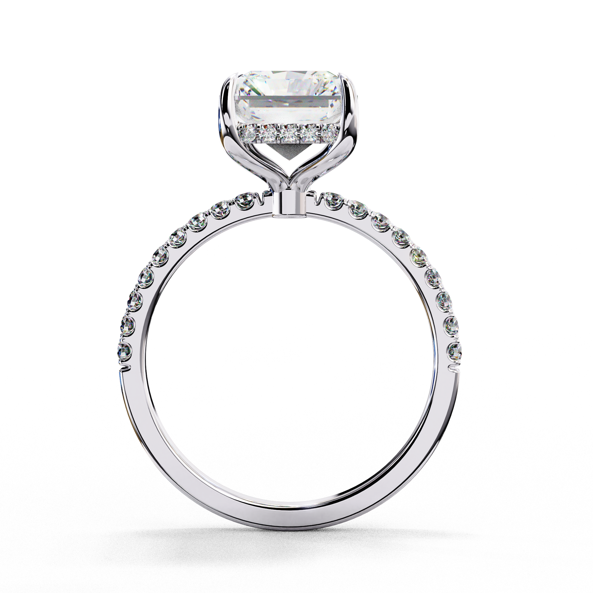 Radiant cut lab grown diamond engagement ring with hidden halo, cathedral setting and pavé diamond band