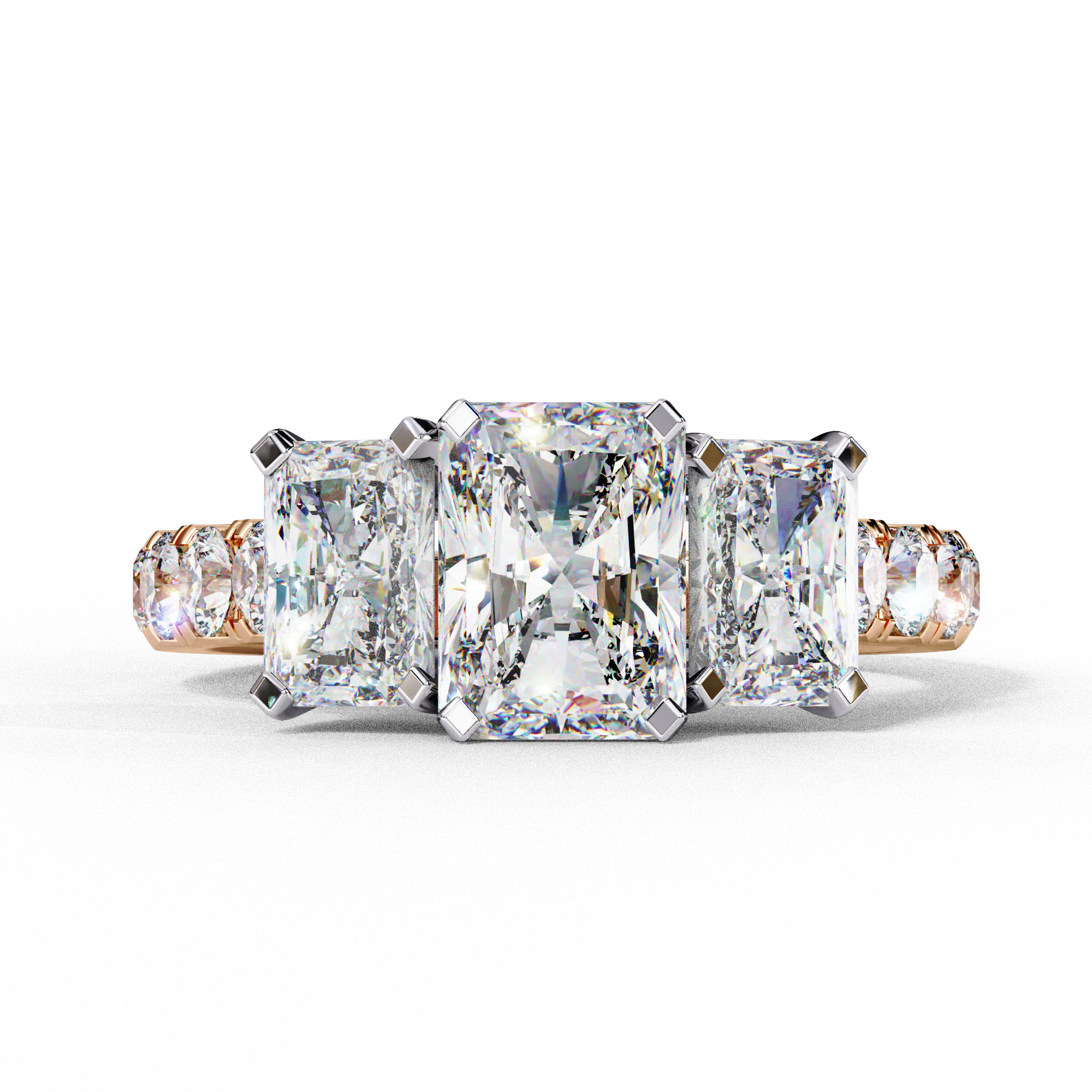 Front view of a rose gold radiant cut three-stone diamond engagement ring.