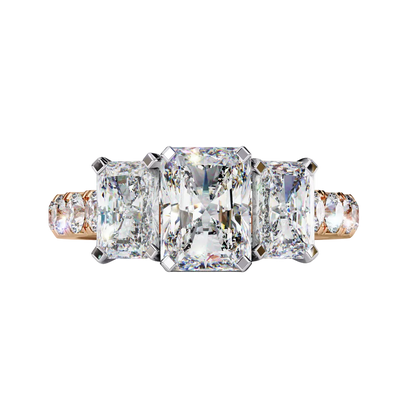 Front view of a rose gold radiant cut three-stone diamond engagement ring.