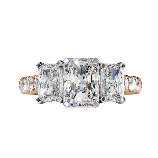 Front view of a rose gold radiant cut three-stone diamond engagement ring.