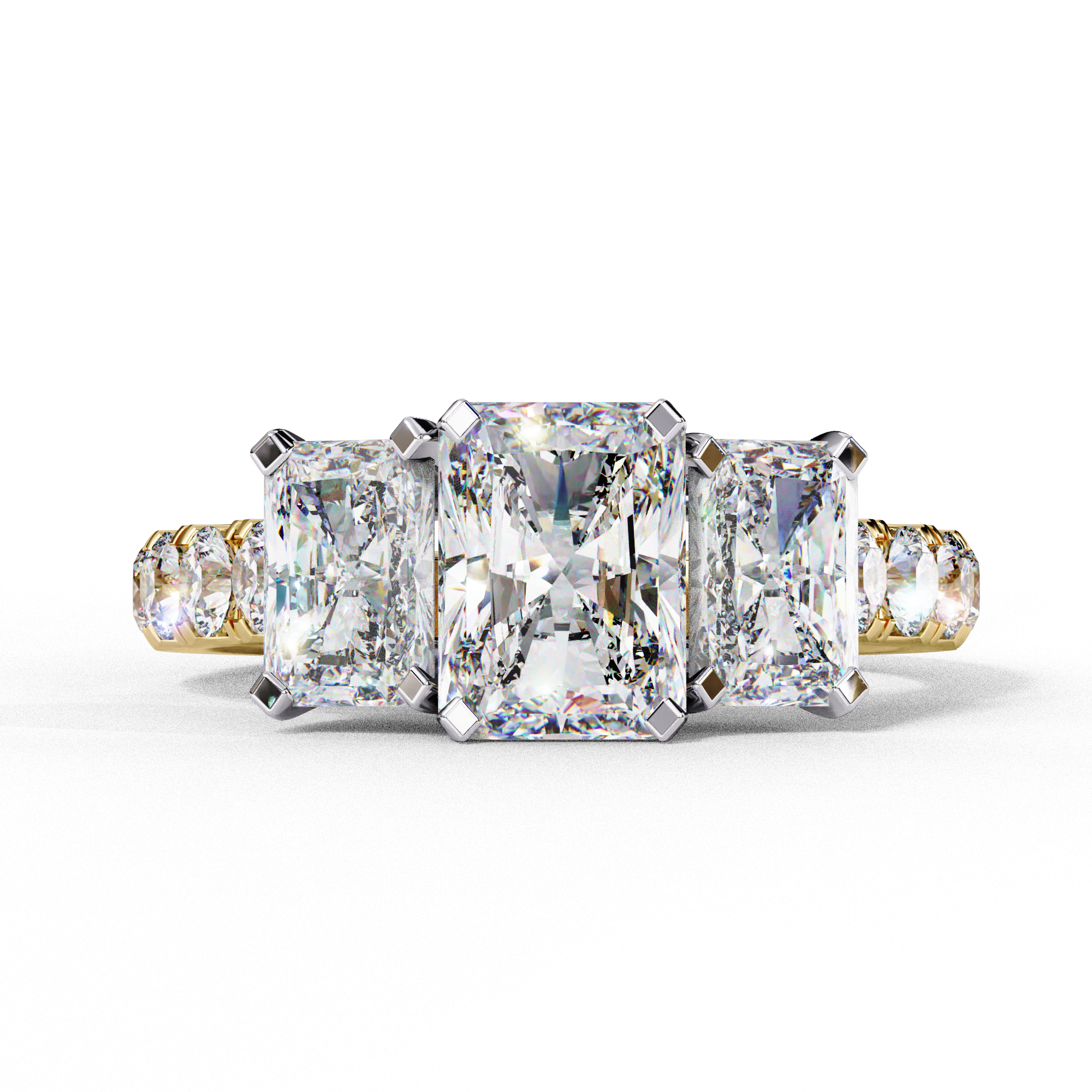 Front view of a yellow gold radiant cut three-stone diamond engagement ring.