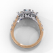 Side profile view of a rose gold radiant cut three-stone diamond engagement ring with an open basket setting.