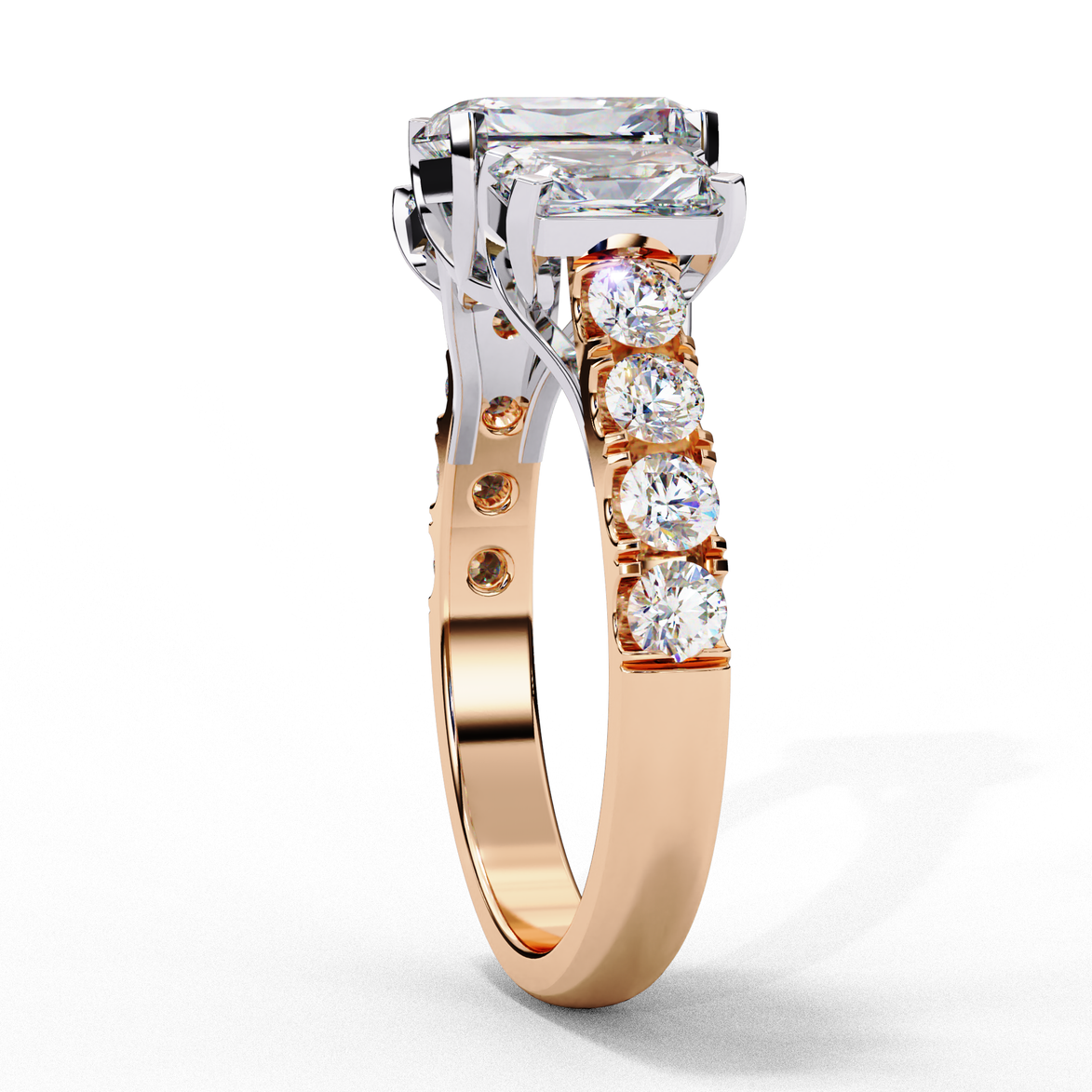 Side profile view of a rose gold radiant cut three-stone diamond ring showing the diamond-accented band.