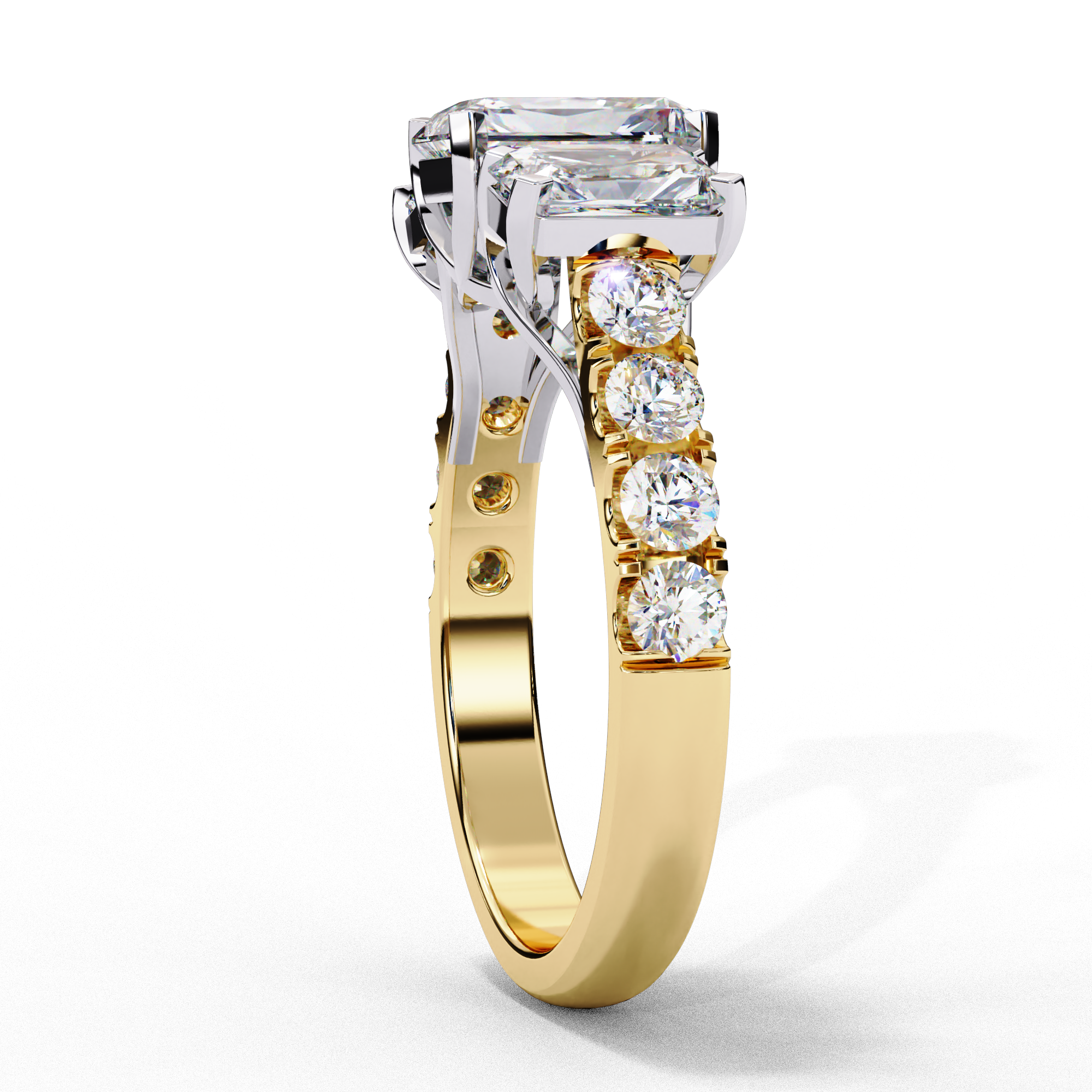 Side profile view of a yellow gold radiant cut three-stone diamond ring showing the diamond-accented band.