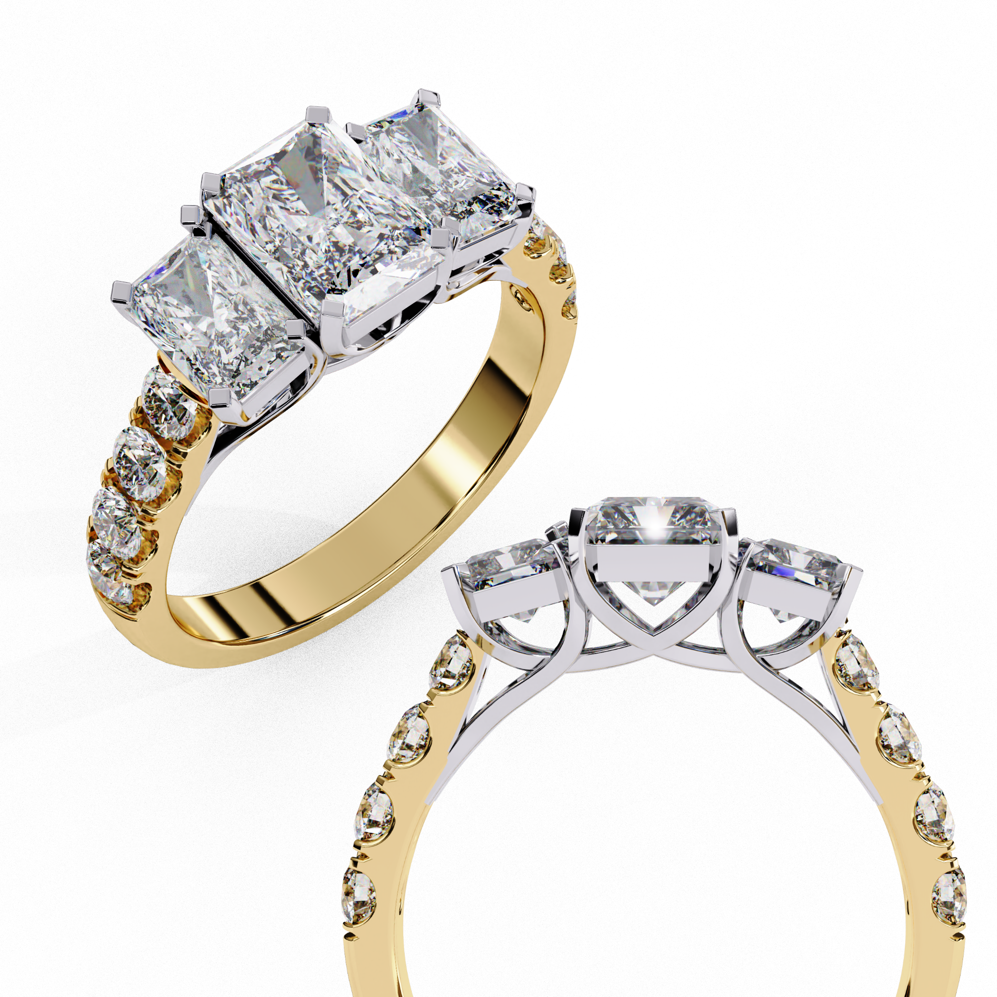 Close-up angled shot of a yellow gold radiant cut three-stone diamond engagement ring with a pavé accent band.