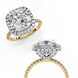 Side profile view of a yellow gold cushion cut diamond double halo engagement ring showing the cathedral setting.