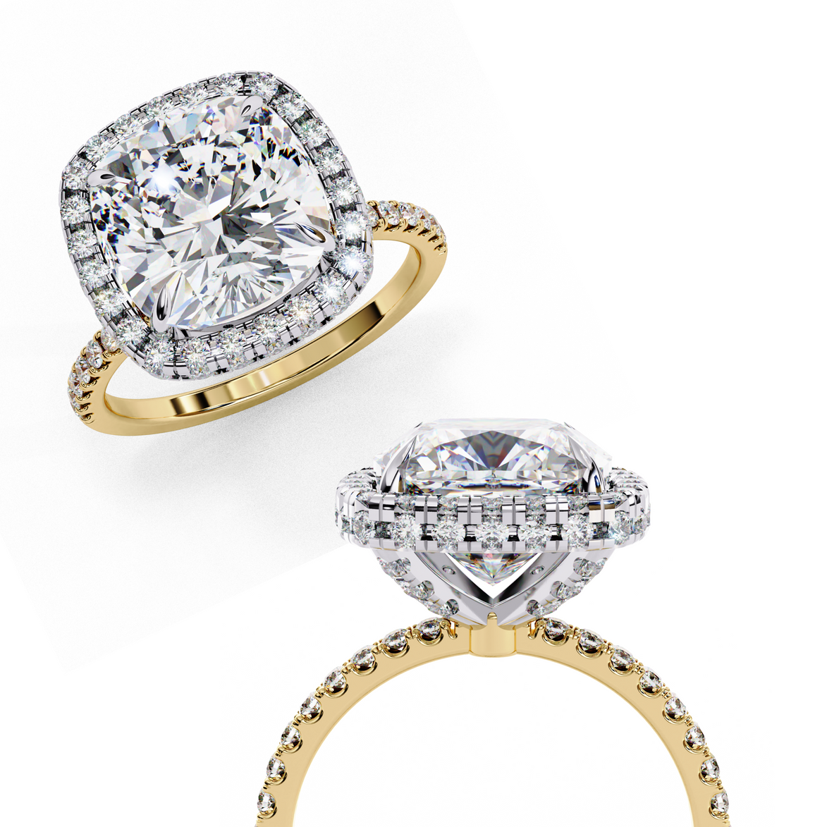 Side profile view of a yellow gold cushion cut diamond double halo engagement ring showing the cathedral setting.