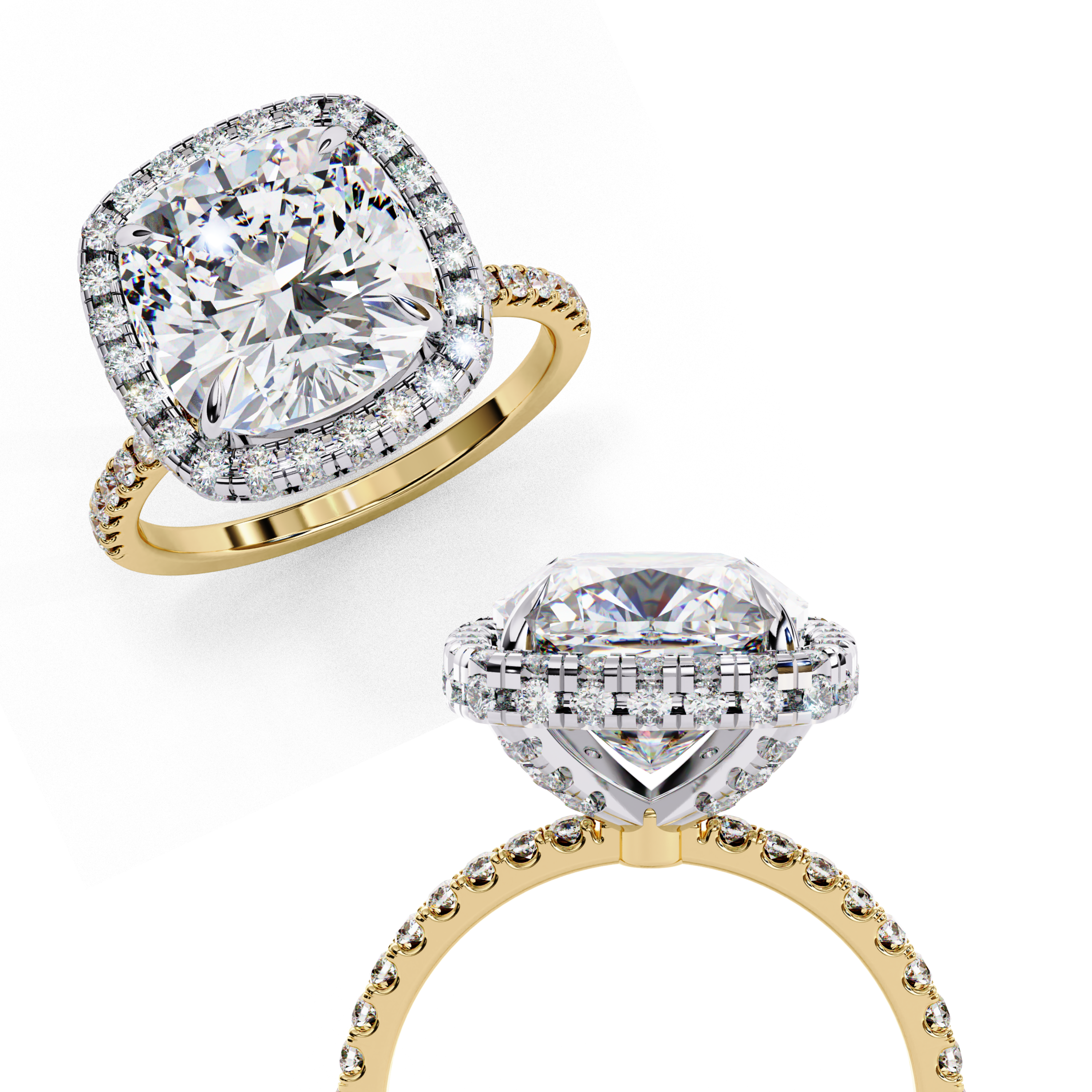 Side profile view of a yellow gold cushion cut diamond double halo engagement ring showing the cathedral setting.