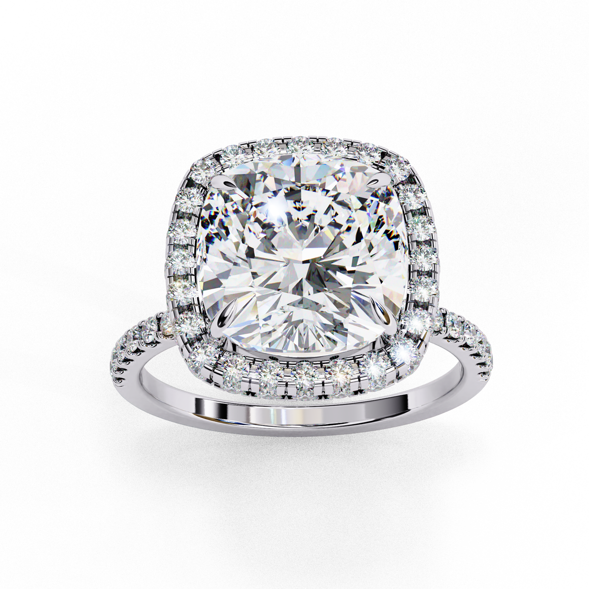 Top-down view of a white gold cushion cut diamond engagement ring with a brilliant double halo.